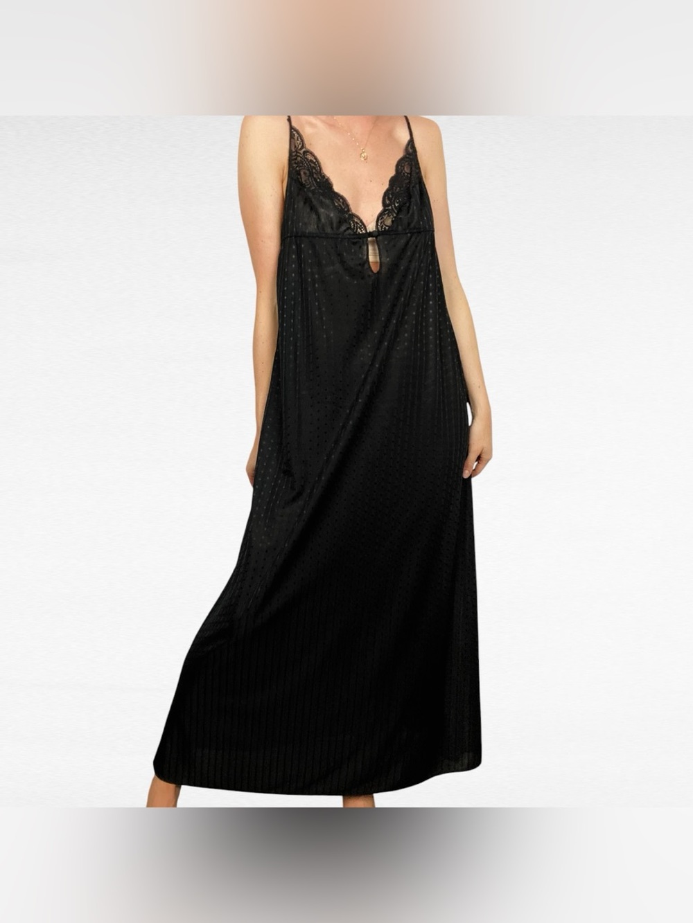 Vintage Flair Black Nylon Nightgown ILGWU Union Made USA Lace Maxi Slip Dress